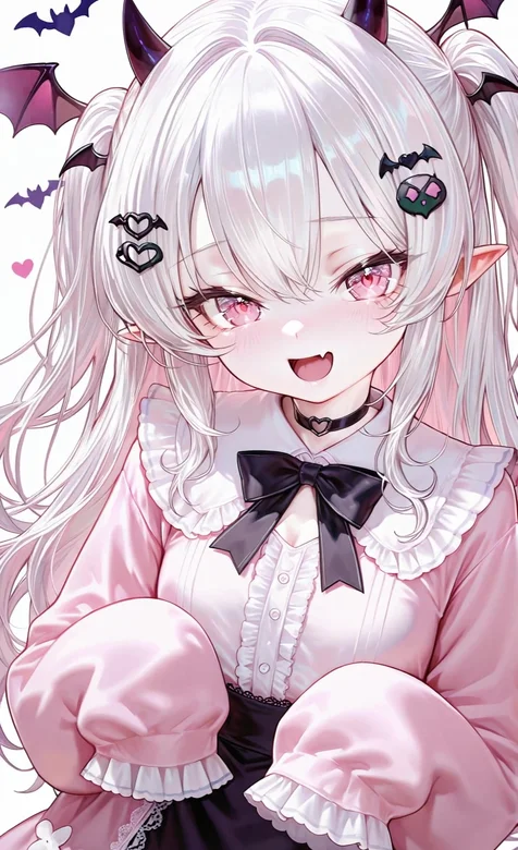 二次元萌系小恶魔少女（白发粉瞳蝙蝠翼）·洛丽塔风动态手机壁纸 – 手机电脑通