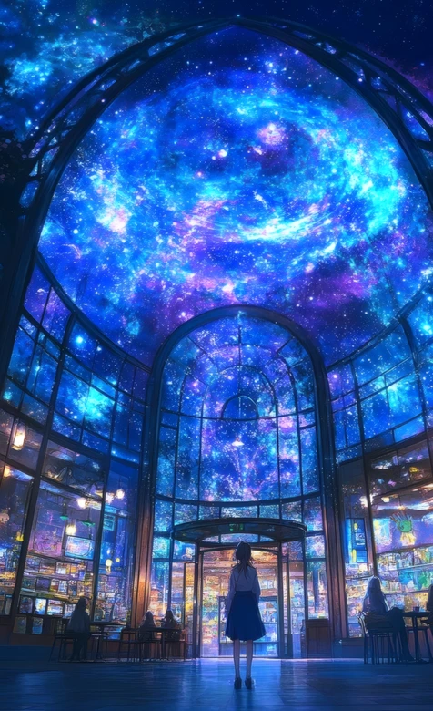 女孩仰望星空穹顶咖啡馆场景 – 高清 桌面壁纸 开放版权素材 免费下载 手机电脑通用背景图