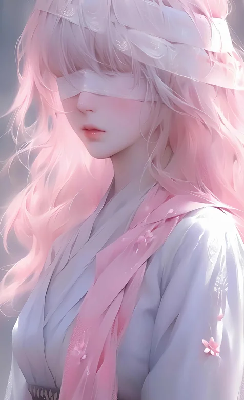 蒙着眼睛的粉色长发古装AI美女手机壁纸图片 – 高清 桌面壁纸 开放版权素材 免费下载 手机电脑通用背景图