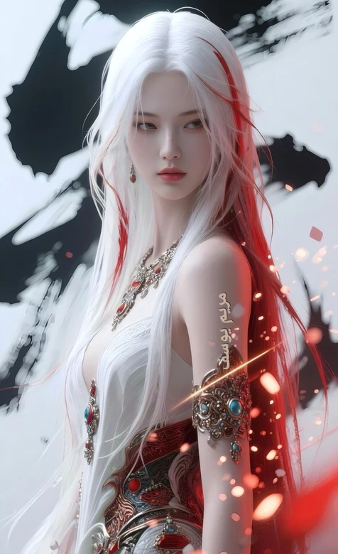 白发红挑染古风华丽服饰少女 疑似AIGC创作 – 高清 桌面壁纸 开放版权素材 免费下载 手机电脑通用背景图
