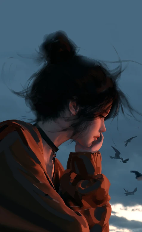 沉思女生·发丝飞扬写实风 黄昏飞鸟手机壁纸 – 高清 桌面壁纸 开放版权素材 免费下载 手机电脑通用背景图-iPhone17-1
