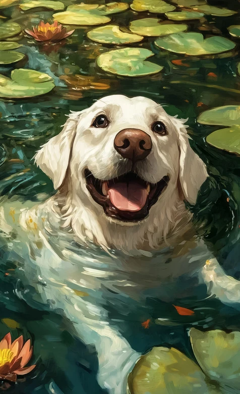 白犬睡莲池戏水·油画风治愈系宠物壁纸