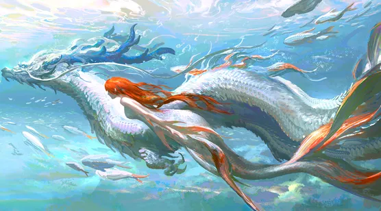 红发美人鱼·白龙伴游 国风唯美原创插画 宽屏电脑壁纸 – 高清 桌面壁纸 开放版权素材 免费下载 手机电脑通用背景图