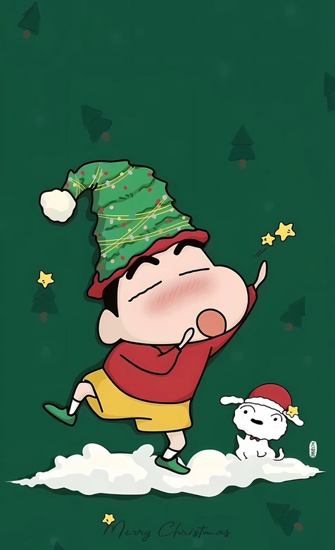 蜡笔小新·圣诞树帽 日漫卡通圣诞风手机壁纸 – 高清 桌面壁纸 开放版权素材 免费下载 手机电脑通用背景图