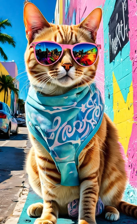 潮酷橘猫（粉墨镜蓝头巾）·彩色涂鸦街 街头潮流风手机壁纸 – 高清 桌面壁纸 开放版权素材 免费下载 手机电脑通用背