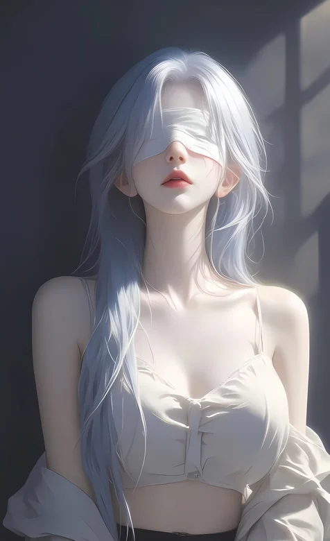 透过窗户的阳光照射在蒙着眼睛的性感吊带衫长发AI美女高清手机壁纸 – 手机电