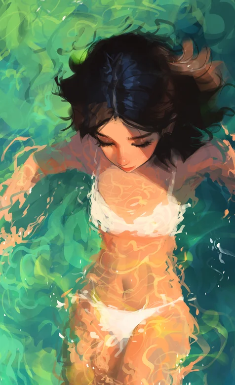 清澈的泳池，穿着白色泳装的黑发女生手绘插画手机壁纸美图 – 高清 桌面壁纸 开放版权素材 免费下载 手机电脑通用背景-iPhone17-1