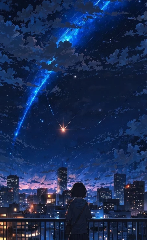 动漫短发女孩城市天台观流星 新海诚风夜景壁纸 – 高清 桌面壁纸 开放版权素材 免费下载 手机电脑通用背景图