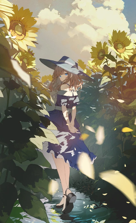 蓝裙少女·向日葵花田 唯美二次元插画手机壁纸 – 高清 桌面壁纸 开放版权素材 免费下载 手机电脑通用背景图-iPhone17-1