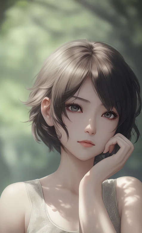 短发少女，单手托腮的精致短发AI美少女手机壁纸图片 – 高清 桌面壁纸 开放版权素材 免费下载 手机电脑通用背景图