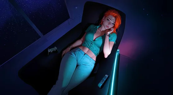 红发少女·赛博霓虹风 科幻休闲场景 动态电脑壁纸