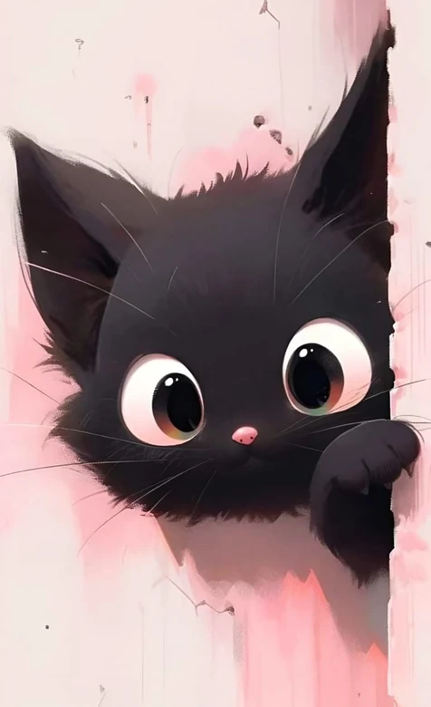 黑毛圆眼萌猫·探头张望 治愈插画风手机壁纸（软萌宠物壁纸） – 高清 桌面壁纸 开放版权素材 免费下载 手机电脑通用