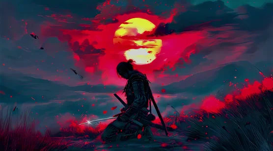 武士·刀光映血阳 暗黑日式游戏风动态电脑壁纸