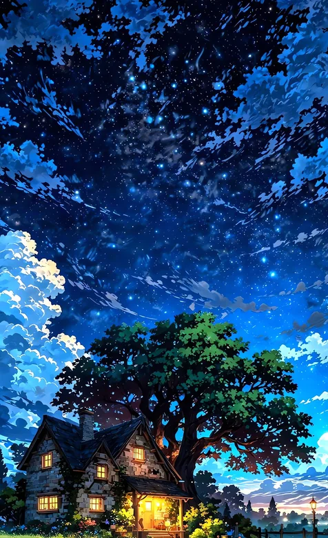 治愈系星空下的林间小屋夜景 – 高清 桌面壁纸 开放版权素材 免费下载 手机电脑通用背景图