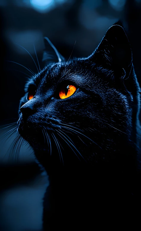 夜幕下橙瞳黑猫凝视夜空 – 高清 桌面壁纸 开放版权素材 免费下载 手机电脑通用背景图