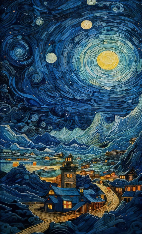 梵高风格星空山村 艺术笔触手机壁纸 – 高清 桌面壁纸 开放版权素材 免费下载 手机电脑通用背景图-iPhone17-1