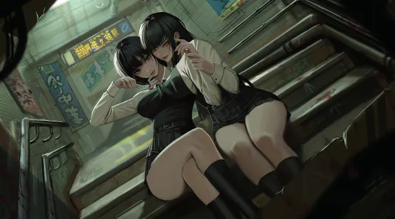 双生暗黑少女·地下街道 赛博朋克风二次元电脑壁纸