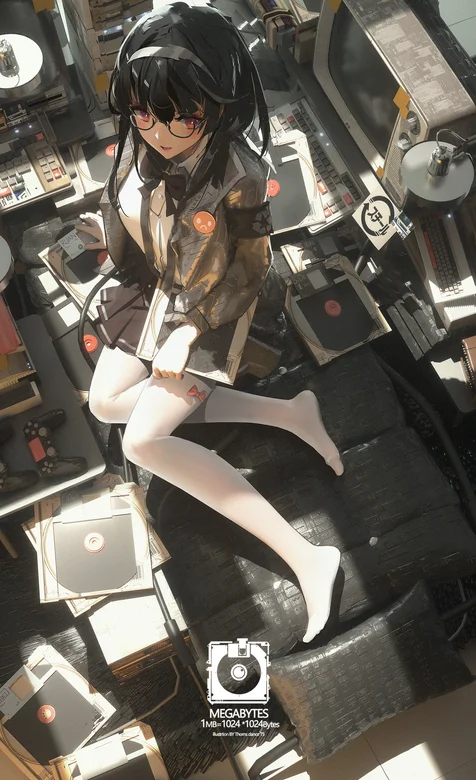 坐在满地磁碟地上的戴眼镜动漫少女 – 高清 桌面壁纸 开放版权素材 免费下载 手机电脑通用背景图