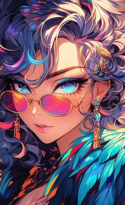 二次元炫彩插画风女角色·华丽羽毛卷发眼镜 热门手机壁纸 – 手机电脑通用背景