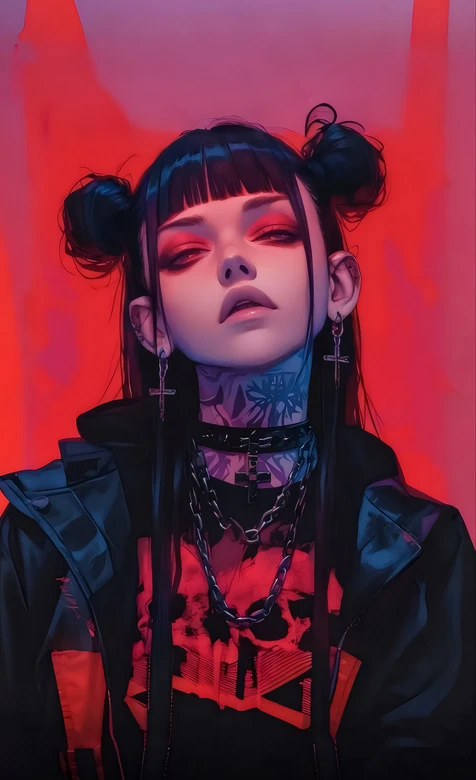 暗黑朋克少女·纹身十字架耳饰 赛博朋克风超酷壁纸 – 高清 桌面壁纸 开放版权素材 免费下载 手机电脑通用背景图-iPhone17-1