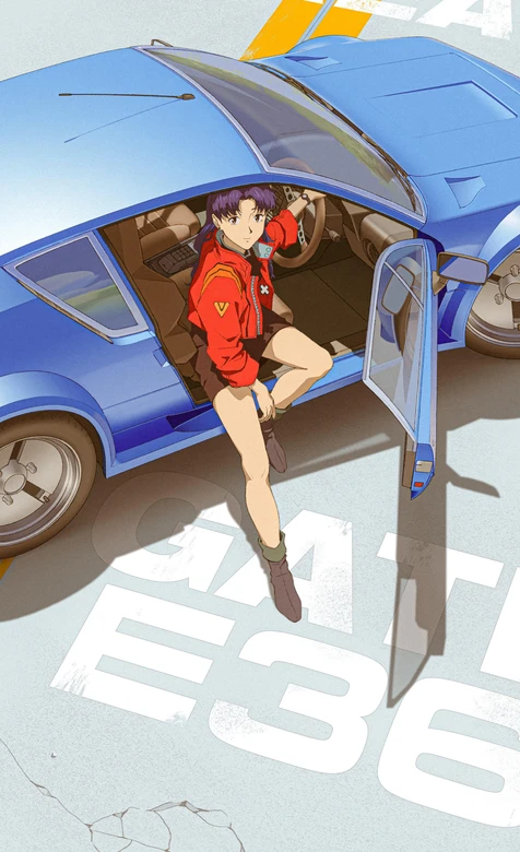葛城美里·红外套倚蓝车 日系动漫（EVA）高人气壁纸 – 高清 桌面壁纸 开放版权素材 免费下载 手机电脑通用背景图-iPhone17-1