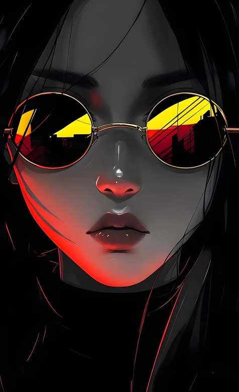 暗黑插画风戴圆形墨镜人物·红黄渐变光效 赛博风手机壁纸 – 高清 桌面壁纸 开放版权素材 免费下载 手机电脑通用背景-iPhone17-1