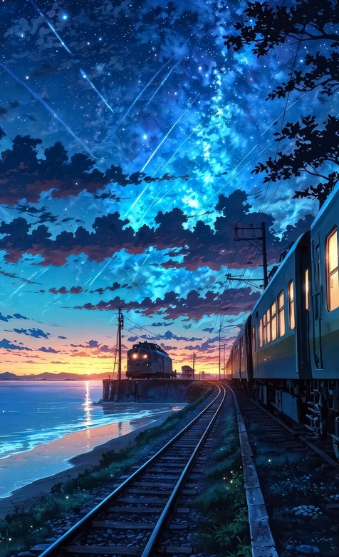 海边铁道星空列车 唯美日系新海诚风动漫壁纸 超美星空列车 – 高清 桌面壁纸 开放版权素材 免费下载 手机电脑通用背