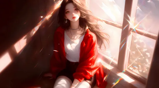 暖阳如春，希望与温暖，坐在窗户边的红衣短裤长发气质AI美女桌面壁纸图片