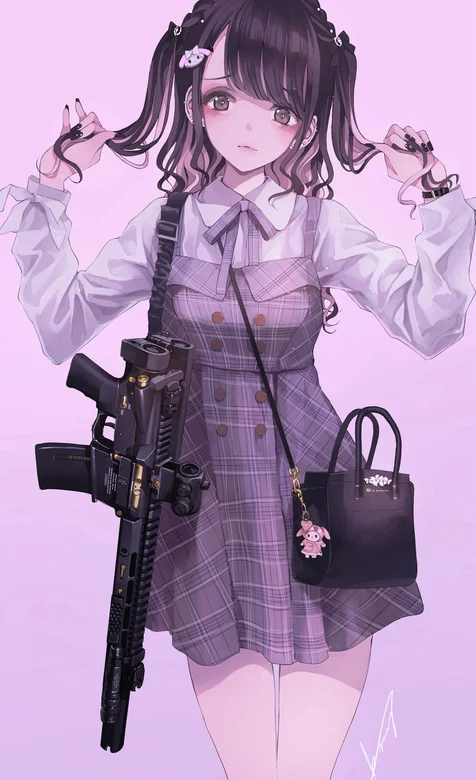 背着斜挎包和步枪的可爱动漫女战士 – 高清 桌面壁纸 开放版权素材 免费下载 手机电脑通用背景图-iPhone17-1