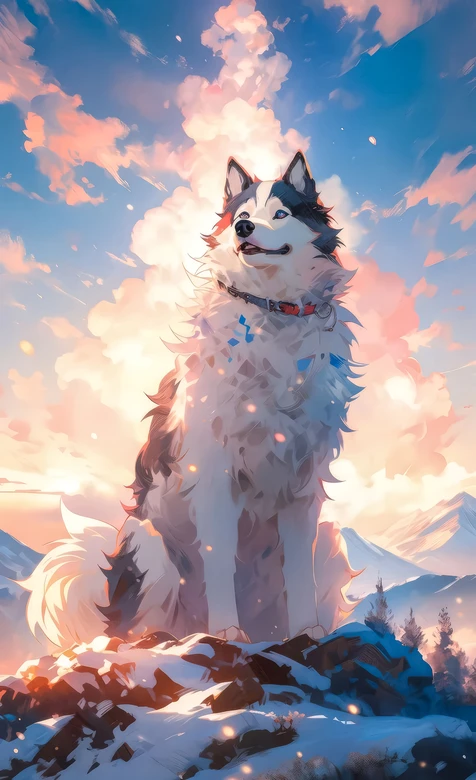 雪境蓝眼哈士奇·唯美动漫风 暖光云海雪山插画壁纸 – 高清 桌面壁纸 开放版权素材 免费下载 手机电脑通用背景图