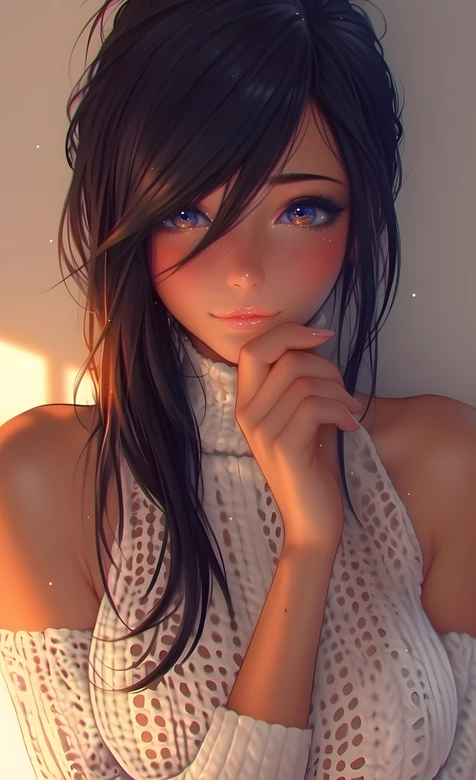 二次元唯美光影少女·露肩针织衫原创插画手机壁纸 – 高清 桌面壁纸 开放版权素材 免费下载 手机电脑通用背景图