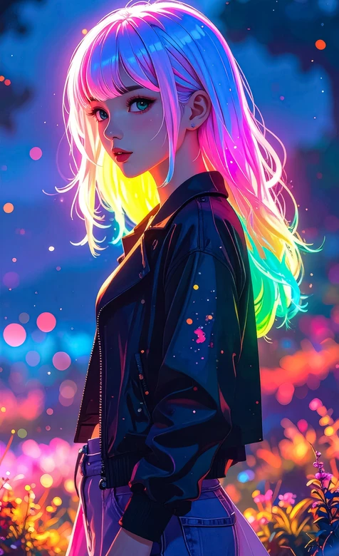 彩虹发色少女·霓虹炫彩赛博朋克风 原创插画热门手机壁纸 – 手机电脑通用背景