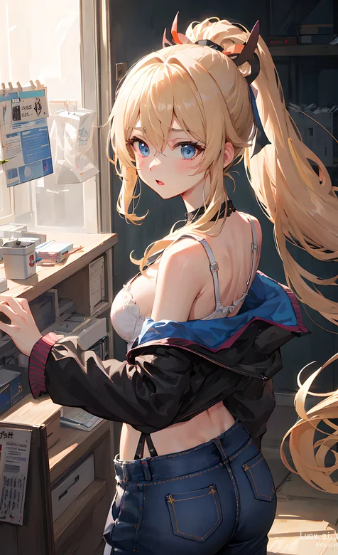 超长马尾辫动漫美少女紧身吊带内衣牛仔裤穿搭书房插画美图壁纸 – 高清 桌面壁纸 开放版权素材 免费下载 手机电脑通用