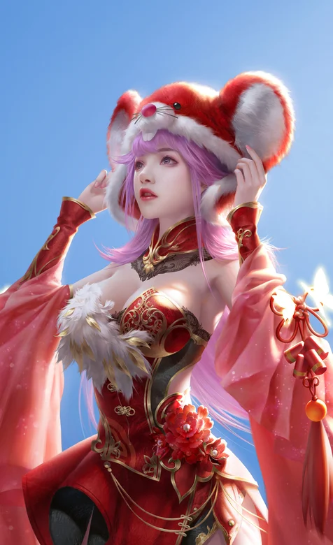 戴着红色卡通猫子的性感动漫大胸红衣少女高清手机壁纸图片 – 高清 桌面壁纸 开放版权素材 免费下载 手机电脑通用背景-iPhone17-1