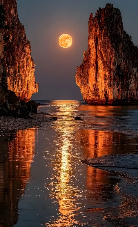 海边岩壁满月倒影·唯美写实 治愈月夜海景壁纸 – 高清 桌面壁纸 开放版权素材 免费下载 手机电脑通用背景图
