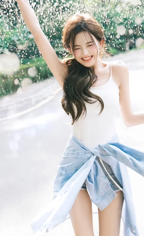 玩水，泼水，白背心短裤漂亮女生街拍随拍写真手机壁纸图片 – 手机电脑通用背景