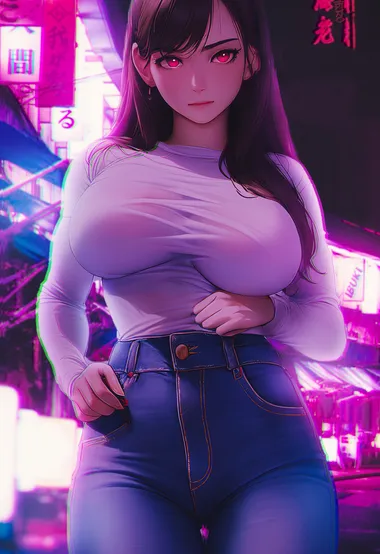 夜晚霓虹灯光下的超级丰满性感紧身衣牛仔裤AI动漫美女插画图片 – 手机电脑通