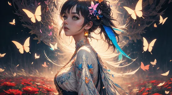 红色的鲜花丛中，被蝴蝶环绕，发光的漂亮大眼睛古装AI动漫美女梦幻图片壁纸