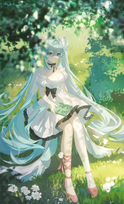 初音未来，坐在美丽花园，树上，草地上的初音未来小清新手机壁纸图片 – 高清 桌面壁纸 开放版权素材 免费下载 手机电-iPhone17-1
