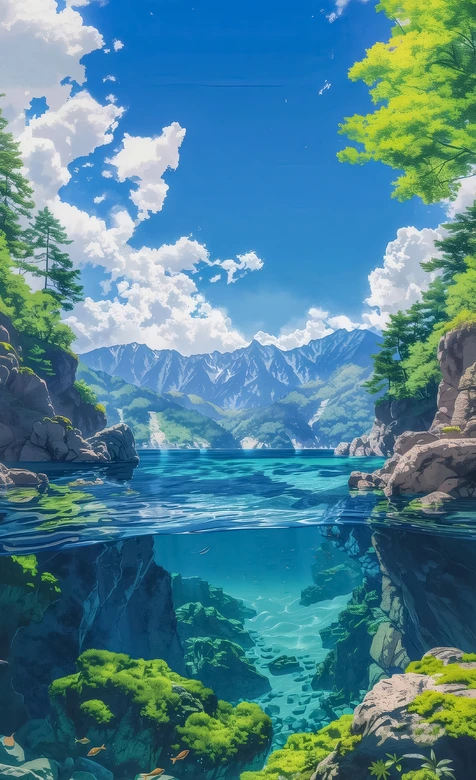 湖山水下秘境·日系唯美动漫风（新海诚动画感）治愈系自然景观 – 高清 桌面壁纸 开放版权素材 免费下载 手机电脑通用