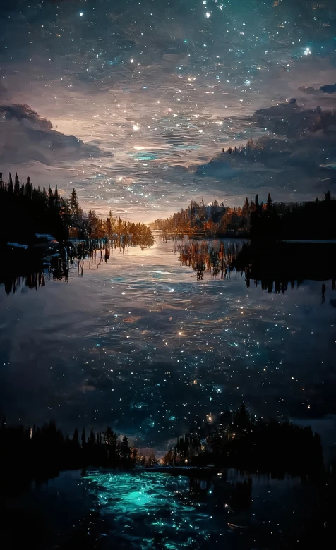 星空湖泊森林·梦幻油画风夜景 超唯美意境壁纸 – 高清 桌面壁纸 开放版权素材 免费下载 手机电脑通用背景图