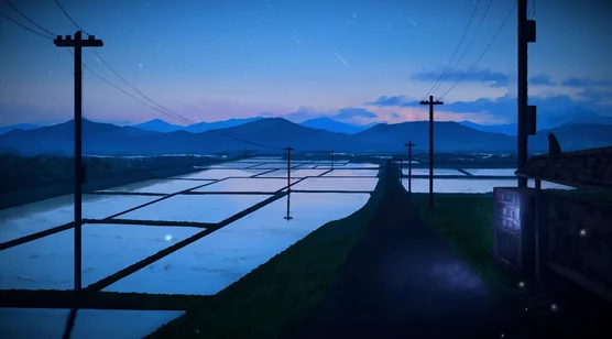 新海诚风乡村水田星空夜景·猫咪守屋唯美动态电脑壁纸