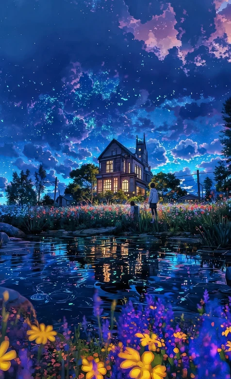 花田池塘亮灯洋房·二次元唯美夜景 治愈系手机壁纸 – 高清 桌面壁纸 开放版权素材 免费下载 手机电脑通用背景图-iPhone17-1