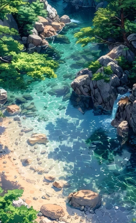 动漫风山间溪流绿树岩石治愈风景壁纸 自然场景 – 高清 桌面壁纸 开放版权素材 免费下载 手机电脑通用背景图