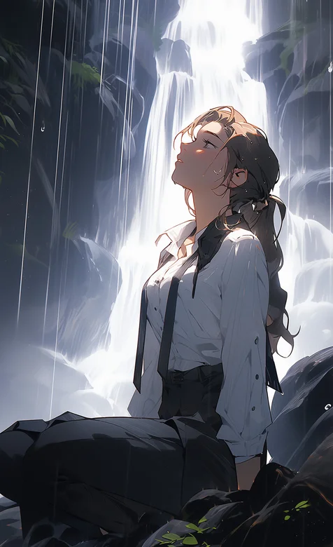 仰望天空，坐在瀑布前石头上的白衫黑裙AI湿身美女高清手机壁纸图片 – 高清 桌面壁纸 开放版权素材 免费下载 手机电-iPhone17-1