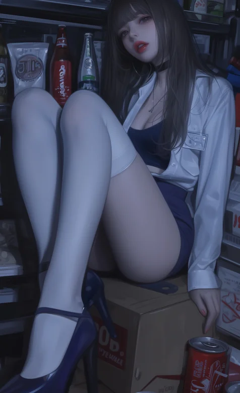 齐刘海长发美女，坐在纸箱上，靠着货架的美腿丝袜高跟短裤AI美女手机壁纸图片 – 免费下