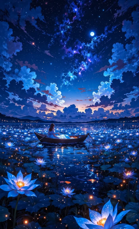 二次元唯美女孩莲池扁舟星空月夜壁纸 – 高清 桌面壁纸 开放版权素材 免费下载 手机电脑通用背景图-iPhone17-1