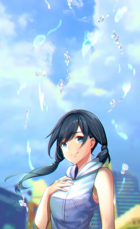蓝色天空的的动漫女孩，简洁好看的手机壁纸 – 高清 桌面壁纸 开放版权素材 免费下载 手机电脑通用背景图
