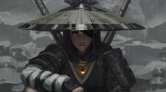 独眼女武士·斗笠战甲 国风写实游戏风 冷雨意境电脑壁纸 – 高清 桌面壁纸 开放版权素材 免费下载 手机电脑通用背景