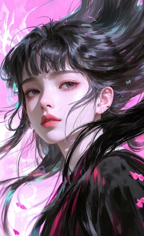 黑发少女·发丝飞扬 唯美国漫风 超梦幻粉色系壁纸 – 高清 桌面壁纸 开放版权素材 免费下载 手机电脑通用背景图-iPhone17-1